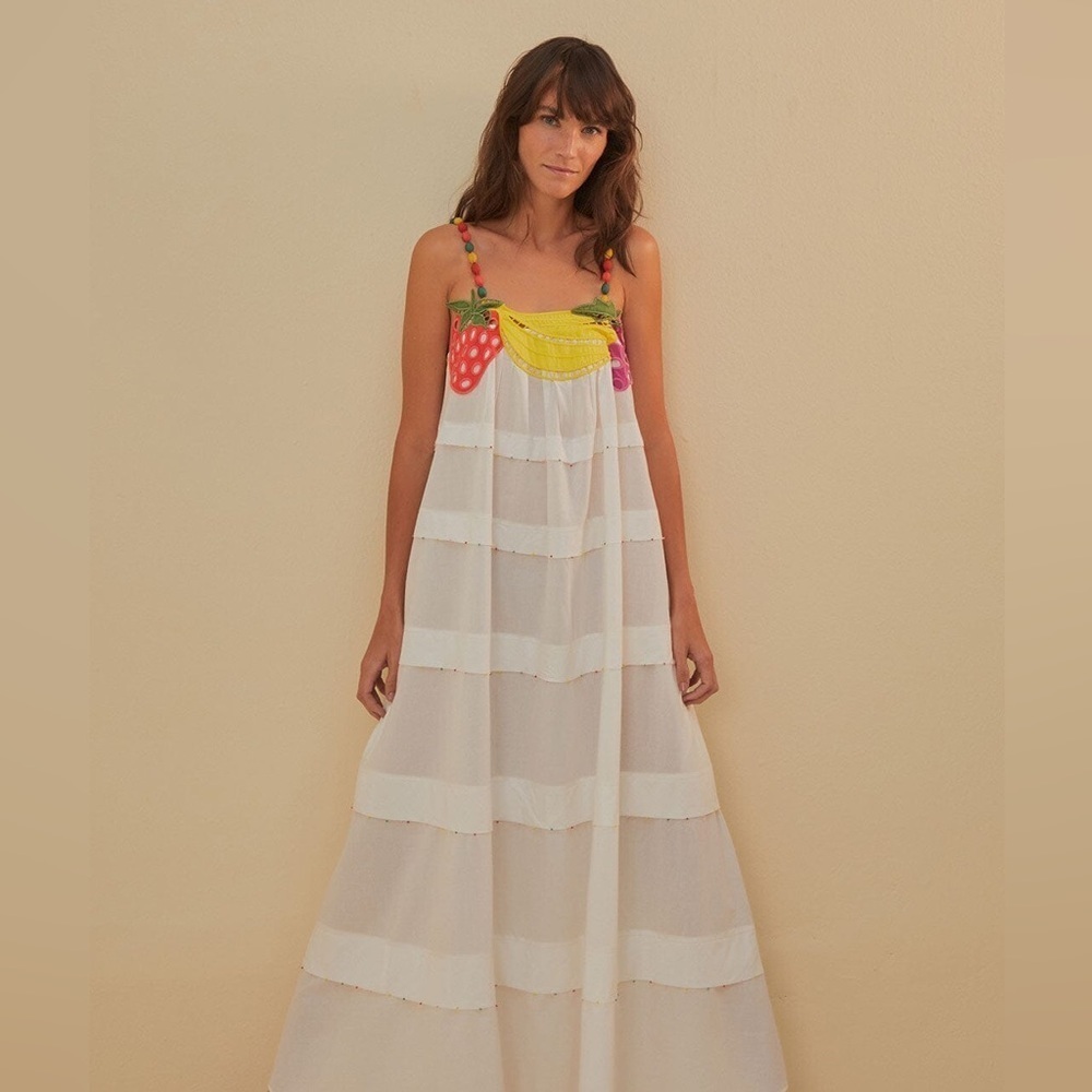 New! FARM Rio Embroidered Fruits Richelieu Cotton Maxi Dress 🍓🍇🍉 Medium - Picture 5 of 16